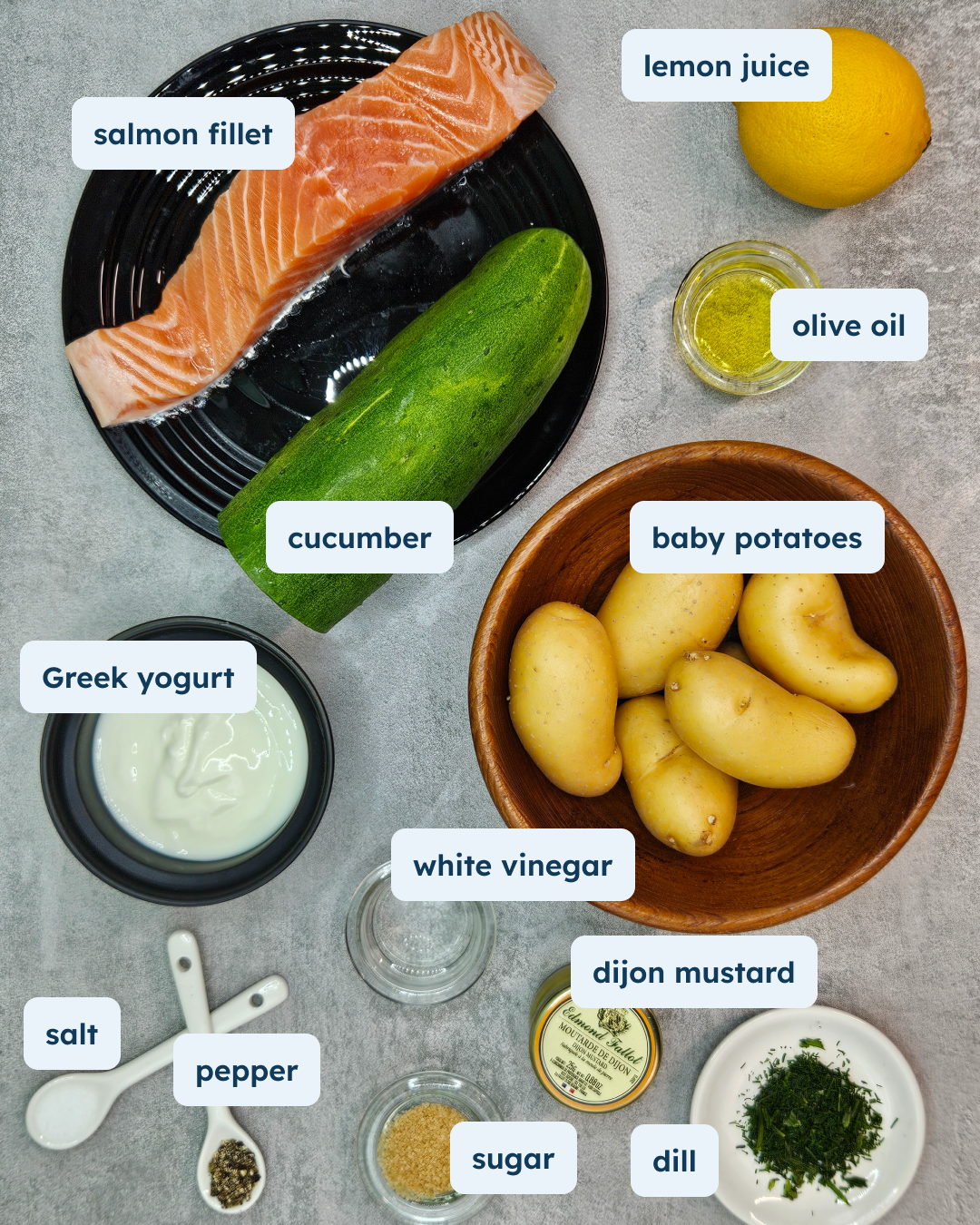 Tasmanian Salmon with Dill Potato Salad and Pickled Cucumber, alternate view