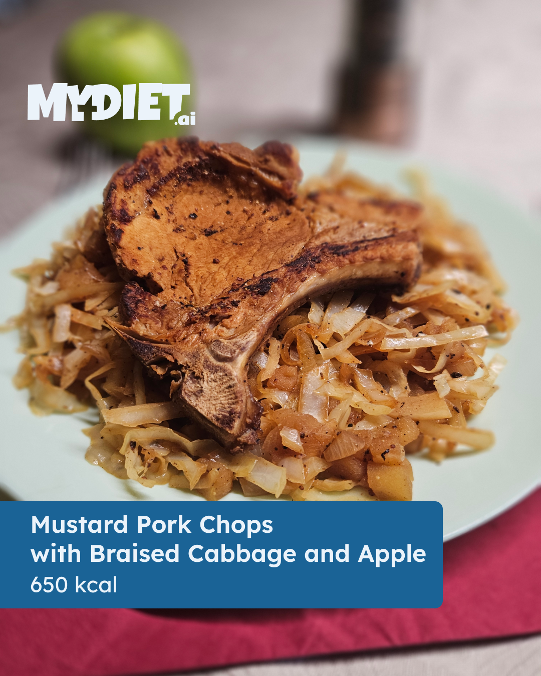 Mustard Pork Chops with Braised Cabbage and Apple