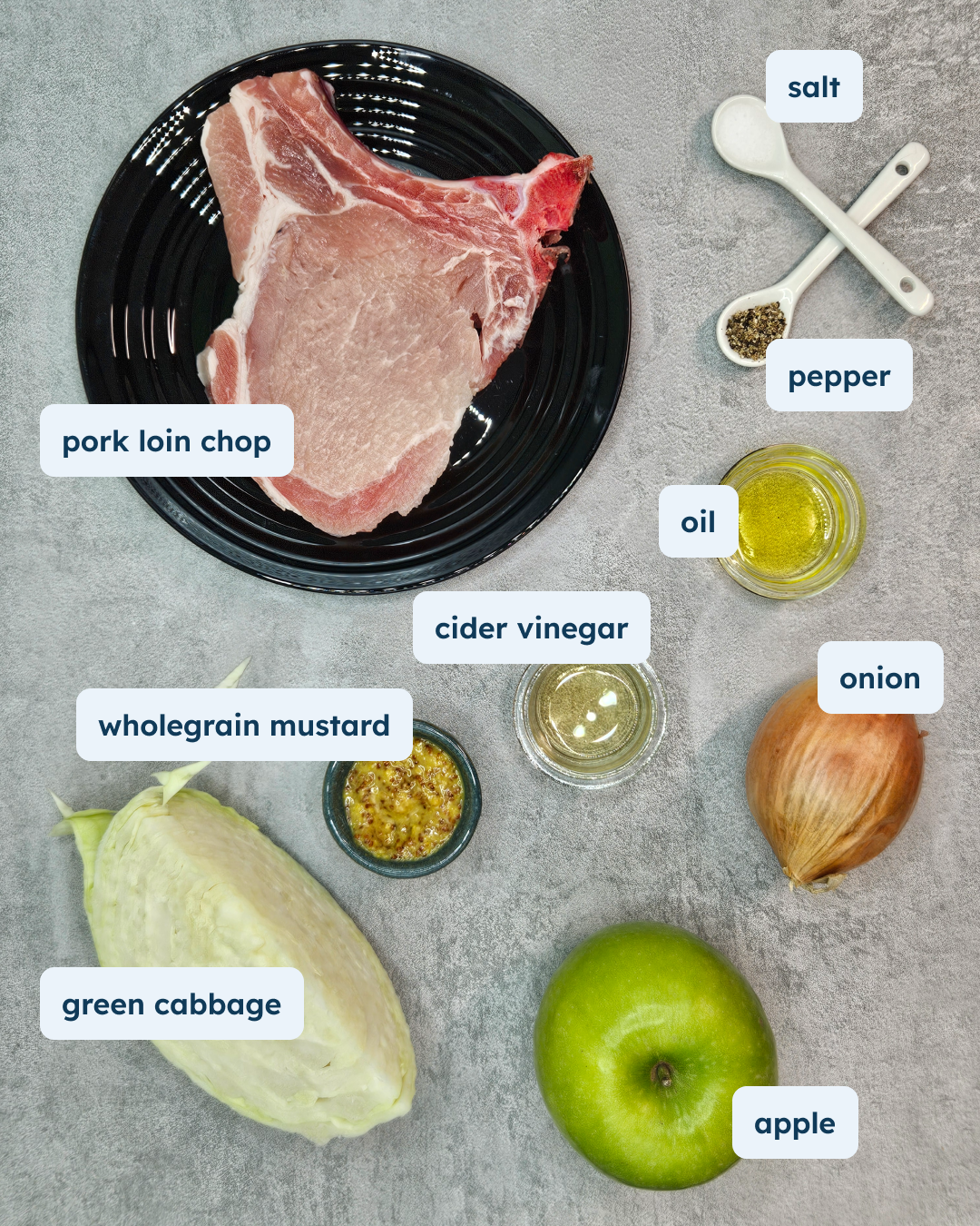 Mustard Pork Chops with Braised Cabbage and Apple, alternate view