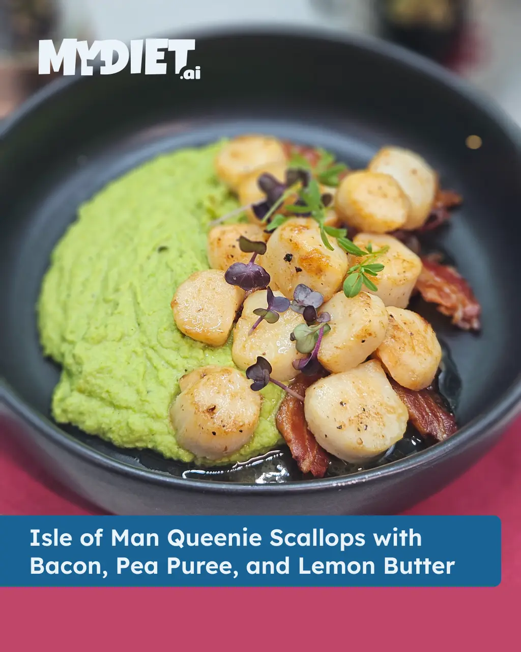 Isle of Man Queenie Scallops with Bacon, Pea Puree, and Lemon Butter