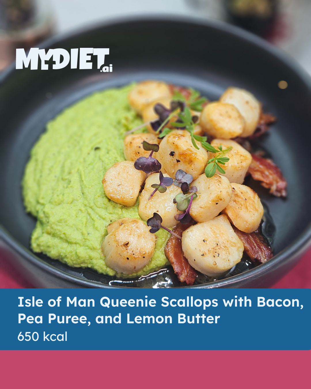 Isle of Man Queenie Scallops with Bacon, Pea Puree, and Lemon Butter