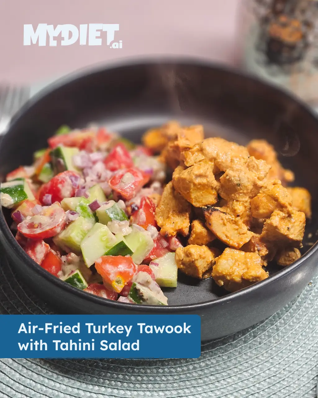 Air-Fried Turkey Tawook with Tahini Salad