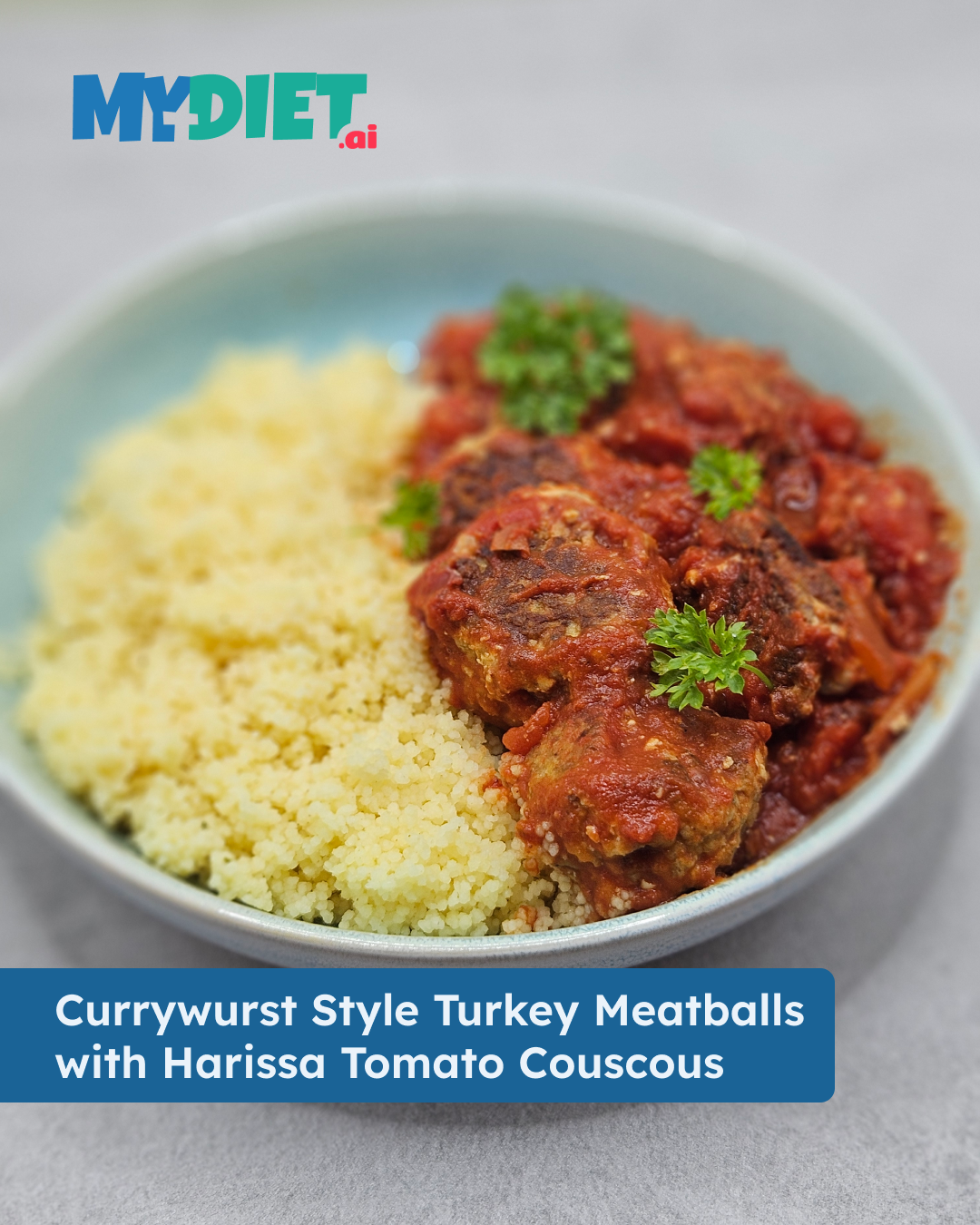 Currywurst Style Turkey Meatballs with Harissa Tomato Couscous