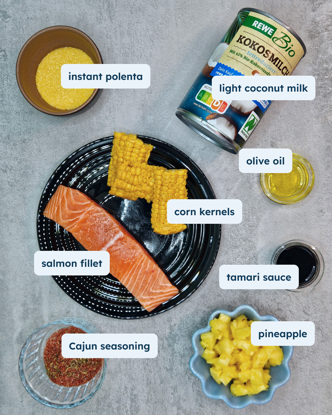 Cajun Tamari Salmon with Coconut Grits, Charred Corn and Pineapple, alternate view
