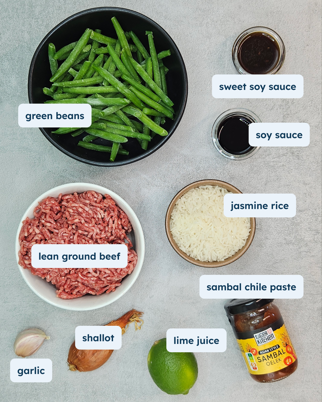 Spiced Minced Beef in Sweet Soy with Green Beans, alternate view