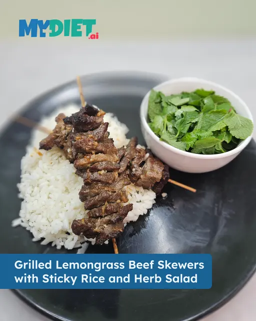 Grilled Lemongrass Beef Skewers with Sticky Rice and Herb Salad