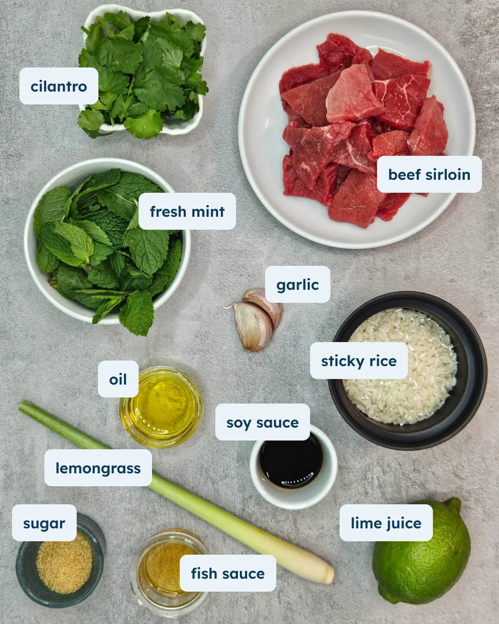 Grilled Lemongrass Beef Skewers with Sticky Rice and Herb Salad, alternate view