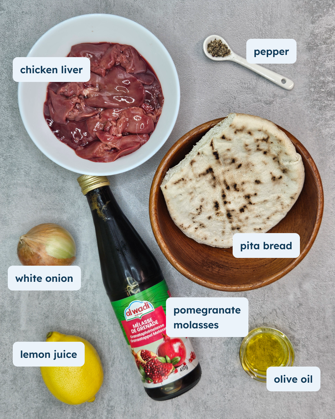 Pomegranate Glazed Chicken Livers with Onions and Warm Pita, alternate view