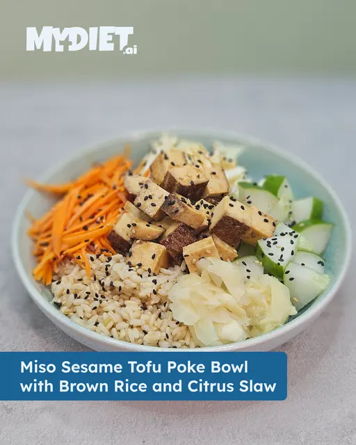 Miso Sesame Tofu Poke Bowl with Brown Rice and Citrus Slaw