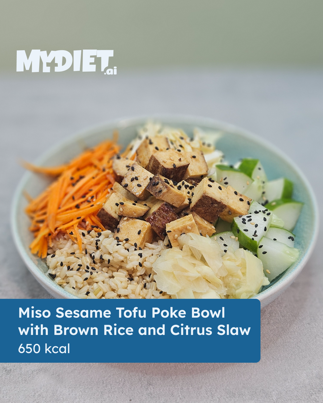 Miso Sesame Tofu Poke Bowl with Brown Rice and Citrus Slaw
