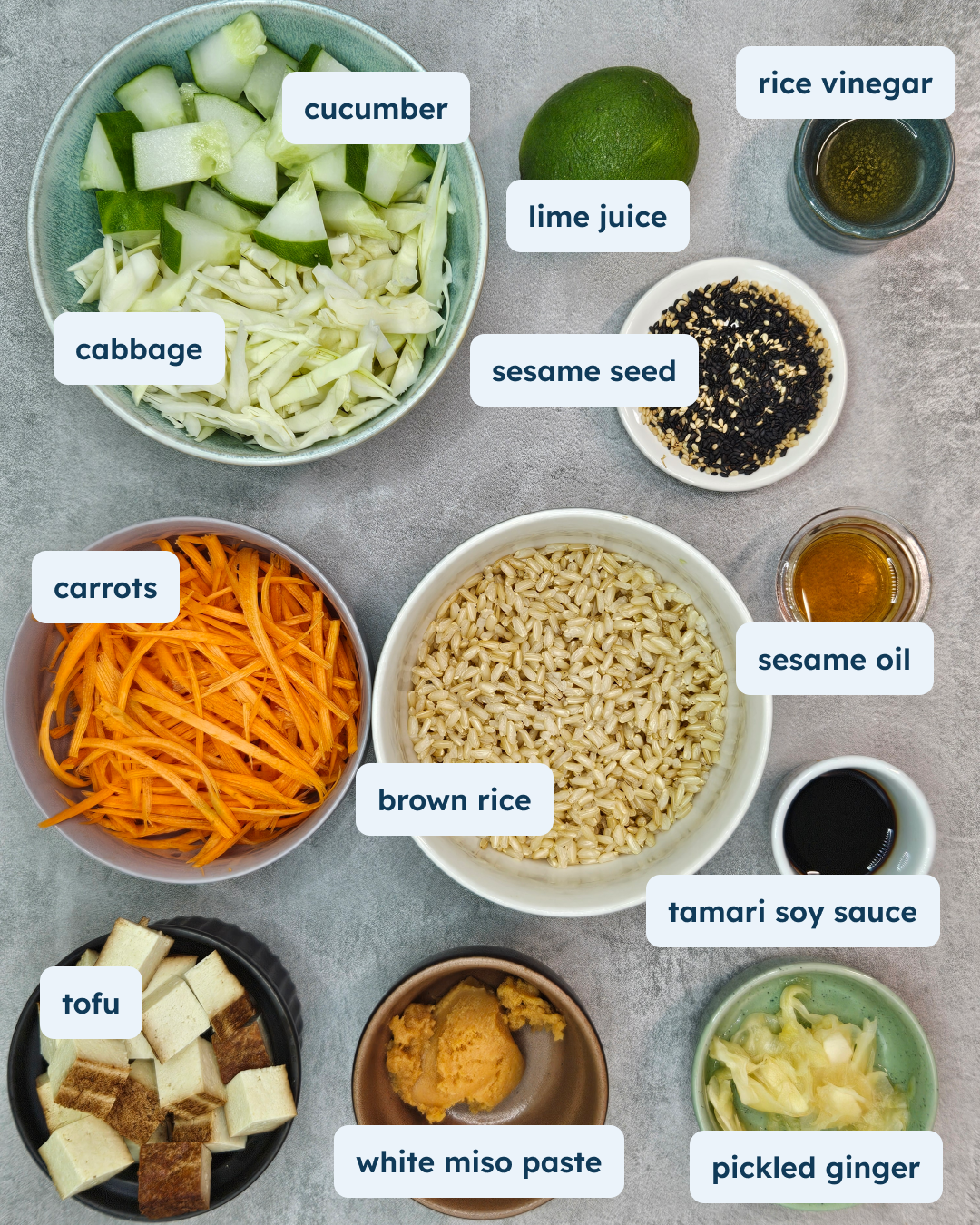 Miso Sesame Tofu Poke Bowl with Brown Rice and Citrus Slaw, alternate view