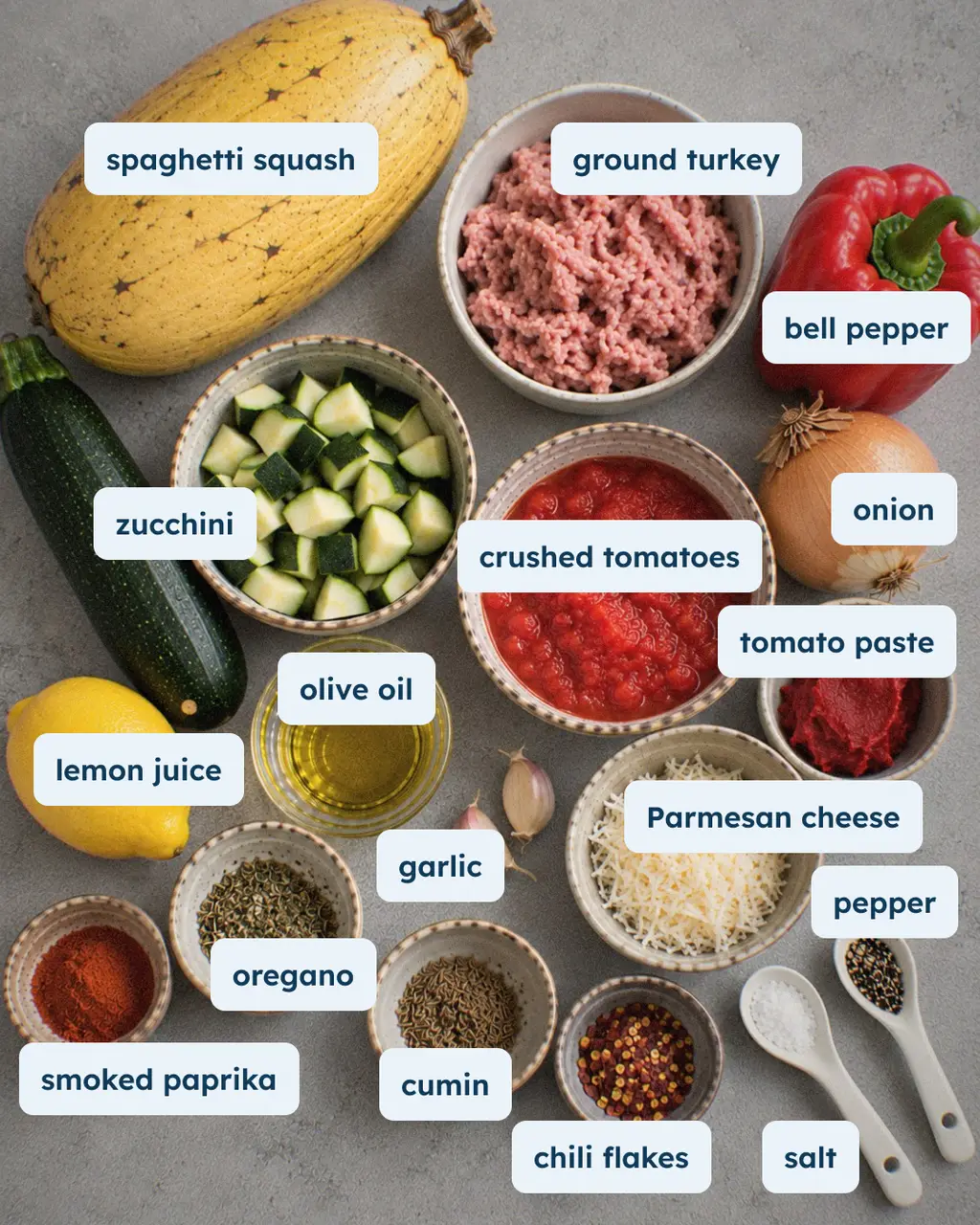 Smoky Mediterranean Spaghetti Squash with Minced Turkey and Vegetables, alternate view