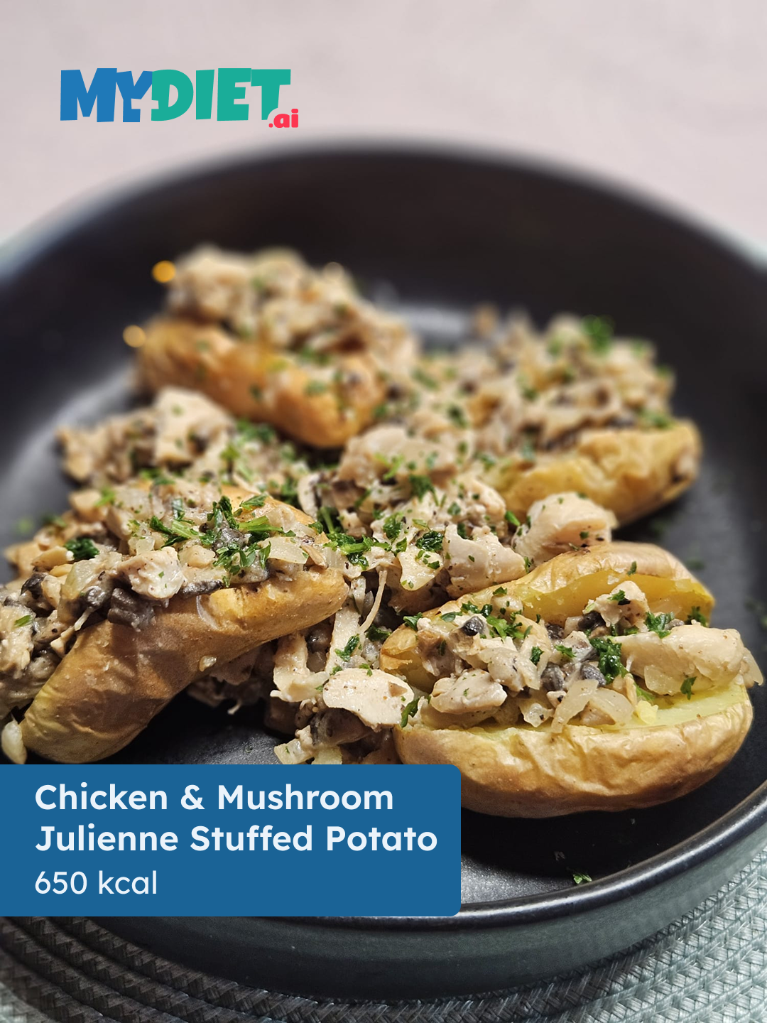 Chicken and Mushroom Julienne Stuffed Potato With Sour Cream