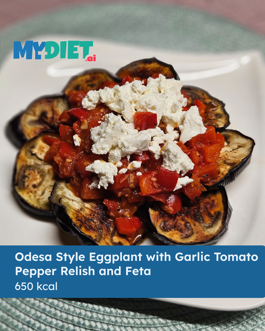 Odesa Style Eggplant with Garlic Tomato Pepper Relish and Feta