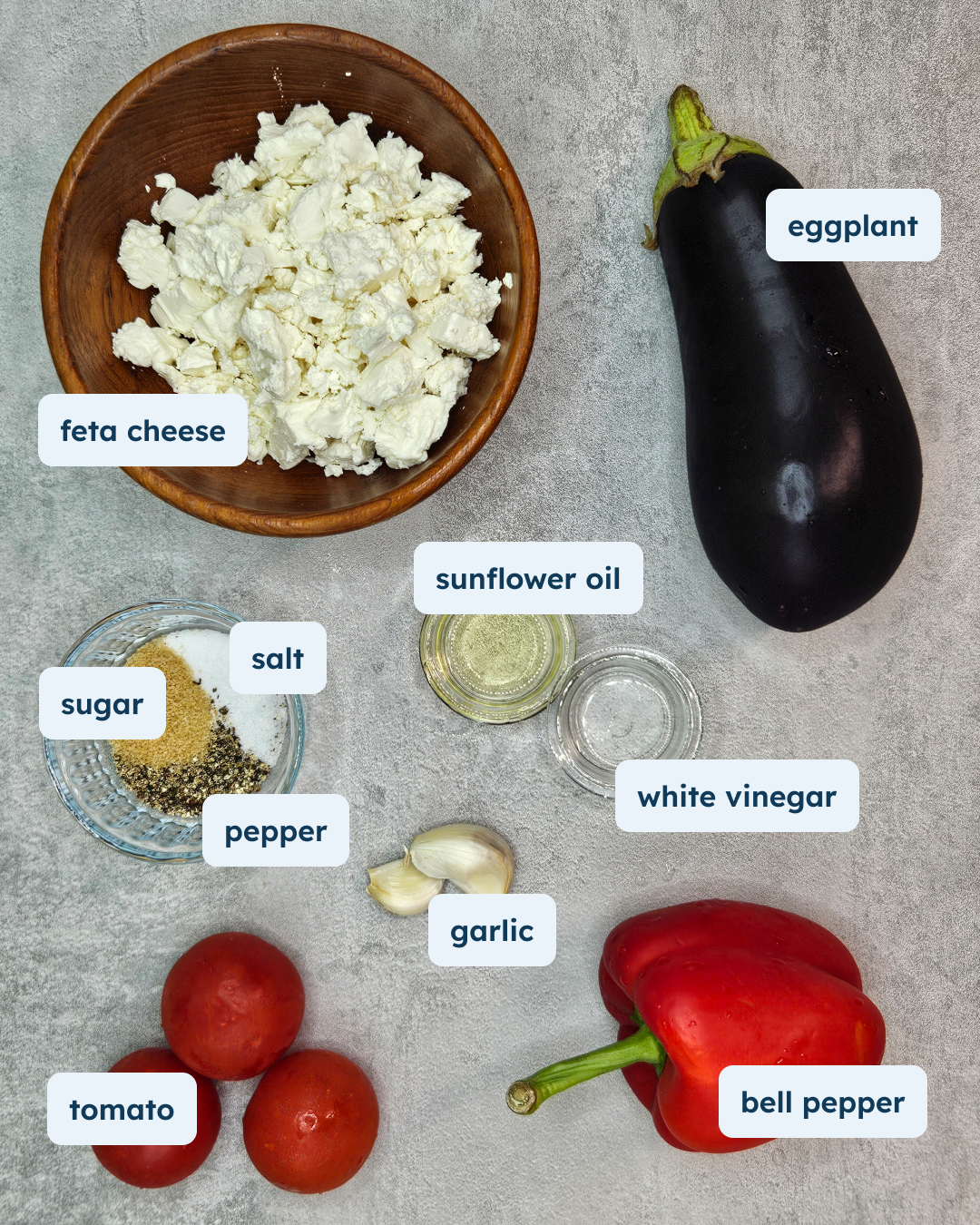 Odesa Style Eggplant with Garlic Tomato Pepper Relish and Feta, alternate view